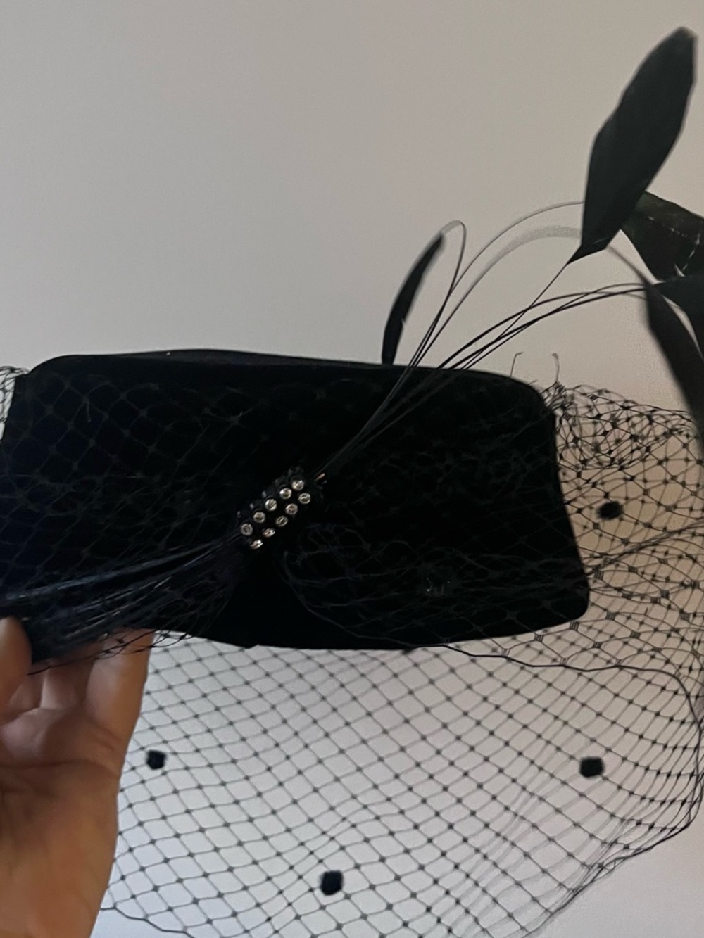 Andree Black Veiled Pillbox Hat with Rhinestone Detail